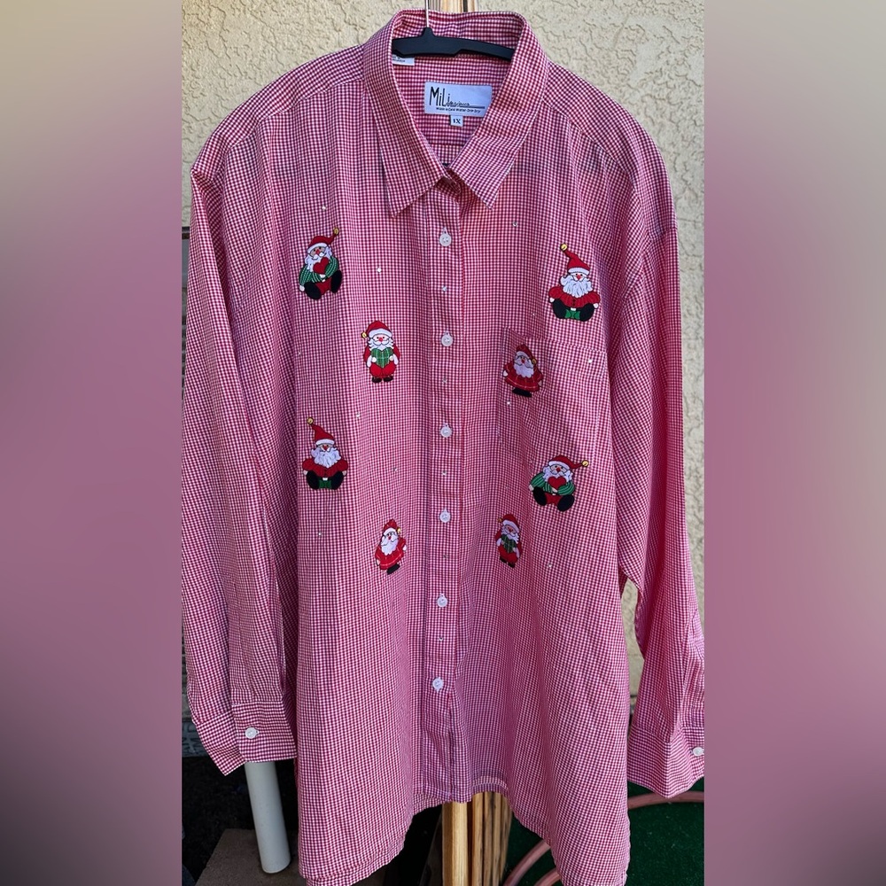 Mili Designs Red Christmas Gingham Santa Embellished Button Up Shirt Sz 1X - Picture 2 of 11
